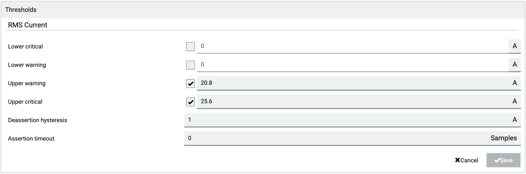 Sensor Threshold Configuration via the Raritan GUI: Inlet Thresholds